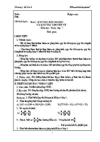 Kế hoạch bài dạy môn Toán 7 Sách Chân trời sáng - Chương 1: Số hữu tỉ - Bài 4: Quy tắc dấu ngoặc và quy tắc chuyển vế