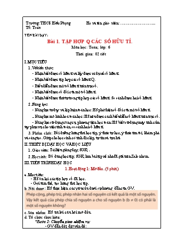 Kế hoạch bài dạy môn Toán 7 Sách Chân trời sáng tạo - Bài 1: Tập hợp Q các số hữu tỉ - Trường THCS Hiếu Phụng
