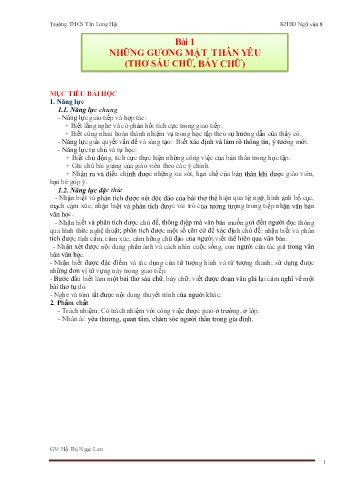 Kế hoạch bài dạy Ngữ văn 8 Sách Chân trời sáng tạo - Tiết 1 đến 32. Bài 1: Những gương mặt thân yêu (Thơ sáu chữ, bảy chữ) - Hồ Thị Ngọc Lan