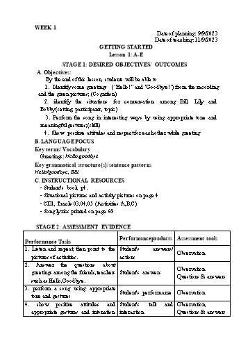 Kế hoạch bài dạy Tiếng Anh Lớp 1 - Tuần 1 - Năm học 2023-2024 - Trần Thị Hương
