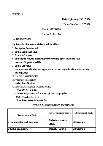 Kế hoạch bài dạy Tiếng Anh Lớp 1 - Tuần 12 - Năm học 2022-2023 - Trần Thị Hương