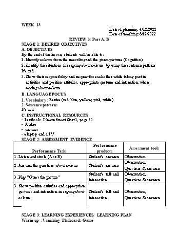 Kế hoạch bài dạy Tiếng Anh Lớp 1 - Tuần 13 - Năm học 2022-2023 - Trần Thị Hương