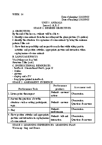 Kế hoạch bài dạy Tiếng Anh Lớp 1 - Tuần 14 - Năm học 2022-2023 - Trần Thị Hương