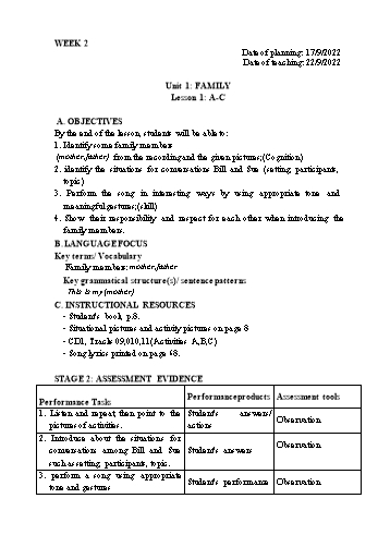 Kế hoạch bài dạy Tiếng Anh Lớp 1 - Tuần 2 - Năm học 2022-2023 - Trần Thị Hương