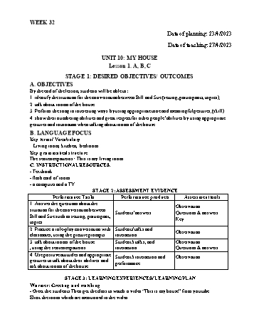 Kế hoạch bài dạy Tiếng Anh Lớp 1 - Tuần 32 - Năm học 2022-2023 - Trần Thị Hương