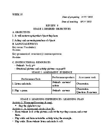 Kế hoạch bài dạy Tiếng Anh Lớp 1 - Tuần 35 - Năm học 2022-2023 - Trần Thị Hương