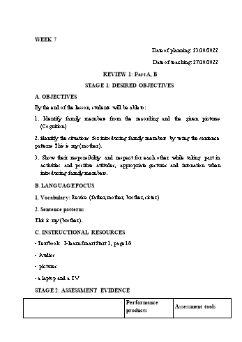 Kế hoạch bài dạy Tiếng Anh Lớp 1 - Tuần 7 - Năm học 2022-2023 - Trần Thị Hương
