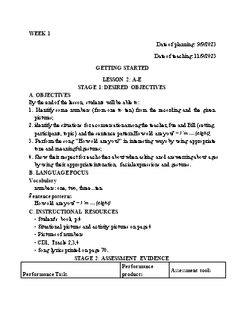 Kế hoạch bài dạy Tiếng Anh Lớp 2 - Tuần 1 - Năm học 2023-2024 - Trần Thị Hương