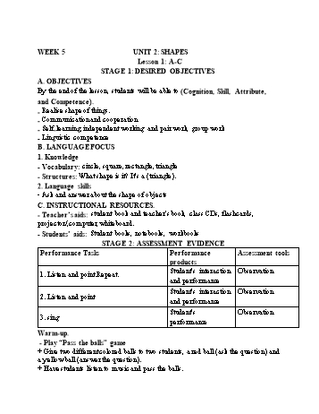 Kế hoạch bài dạy Tiếng Anh Lớp 2 - Tuần 5 - Năm học 2022-2023 - Cao Văn Hùng