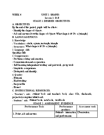 Kế hoạch bài dạy Tiếng Anh Lớp 2 - Tuần 6 - Năm học 2022-2023 - Cao Văn Hùng