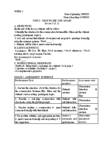 Kế hoạch bài dạy Tiếng Anh Lớp 4 - Tuần 1 - Năm học 2022-2023 - Trần Thị Hương