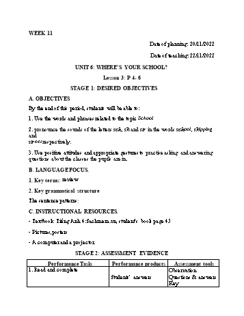 Kế hoạch bài dạy Tiếng Anh Lớp 4 - Tuần 11 - Năm học 2022-2023 - Trần Thị Hương