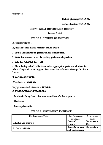 Kế hoạch bài dạy Tiếng Anh Lớp 4 - Tuần 12 - Năm học 2022-2023 - Trần Thị Hương