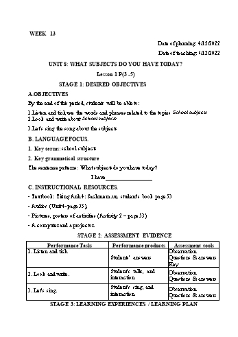 Kế hoạch bài dạy Tiếng Anh Lớp 4 - Tuần 13 - Năm học 2022-2023 - Trần Thị Hương