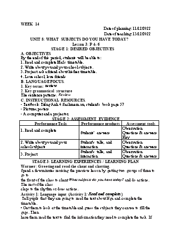 Kế hoạch bài dạy Tiếng Anh Lớp 4 - Tuần 14 - Năm học 2022-2023 - Trần Thị Hương
