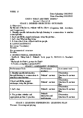 Kế hoạch bài dạy Tiếng Anh Lớp 4 - Tuần 15 - Năm học 2022-2023 - Trần Thị Hương