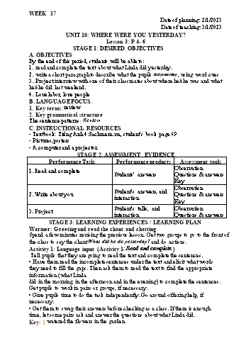 Kế hoạch bài dạy Tiếng Anh Lớp 4 - Tuần 17 - Năm học 2022-2023 - Trần Thị Hương