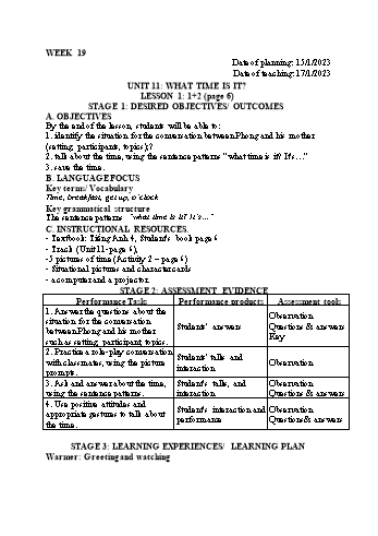 Kế hoạch bài dạy Tiếng Anh Lớp 4 - Tuần 19 - Năm học 2022-2023 - Trần Thị Hương