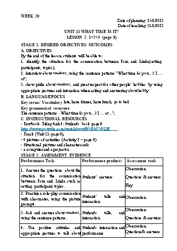 Kế hoạch bài dạy Tiếng Anh Lớp 4 - Tuần 20 - Năm học 2022-2023 - Trần Thị Hương