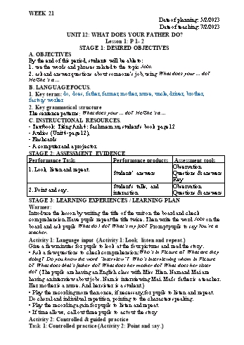 Kế hoạch bài dạy Tiếng Anh Lớp 4 - Tuần 21 - Năm học 2022-2023 - Trần Thị Hương