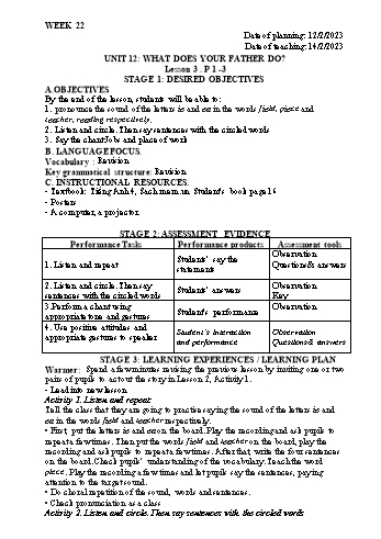 Kế hoạch bài dạy Tiếng Anh Lớp 4 - Tuần 22 - Năm học 2022-2023 - Trần Thị Hương