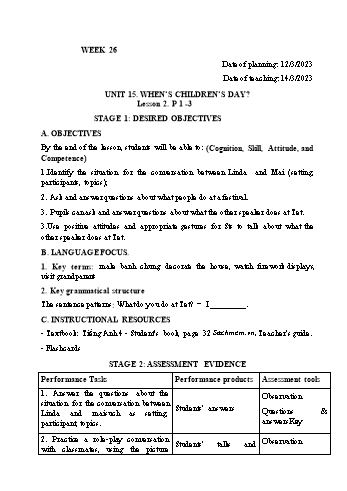 Kế hoạch bài dạy Tiếng Anh Lớp 4 - Tuần 26 - Năm học 2022-2023 - Trần Thị Hương