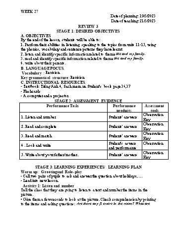 Kế hoạch bài dạy Tiếng Anh Lớp 4 - Tuần 27 - Năm học 2022-2023 - Trần Thị Hương