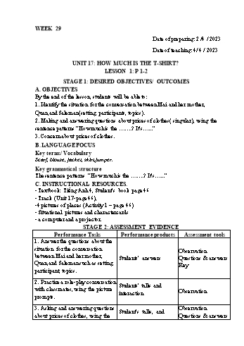 Kế hoạch bài dạy Tiếng Anh Lớp 4 - Tuần 29 - Năm học 2022-2023 - Trần Thị Hương