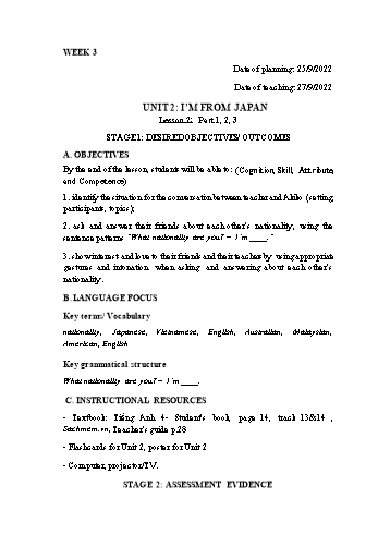 Kế hoạch bài dạy Tiếng Anh Lớp 4 - Tuần 3 - Năm học 2022-2023 - Trần Thị Hương