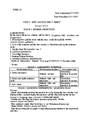Kế hoạch bài dạy Tiếng Anh Lớp 4 - Tuần 30 - Năm học 2022-2023 - Trần Thị Hương