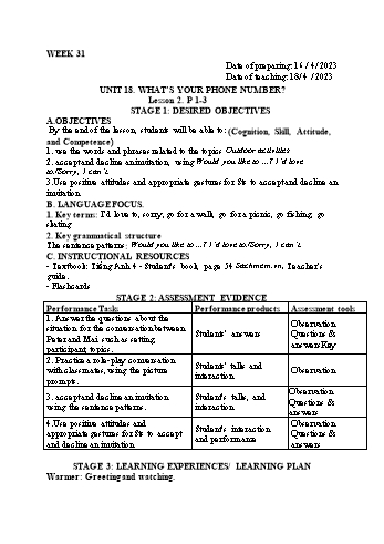 Kế hoạch bài dạy Tiếng Anh Lớp 4 - Tuần 31 - Năm học 2022-2023 - Trần Thị Hương