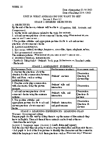Kế hoạch bài dạy Tiếng Anh Lớp 4 - Tuần 32 - Năm học 2022-2023 - Trần Thị Hương