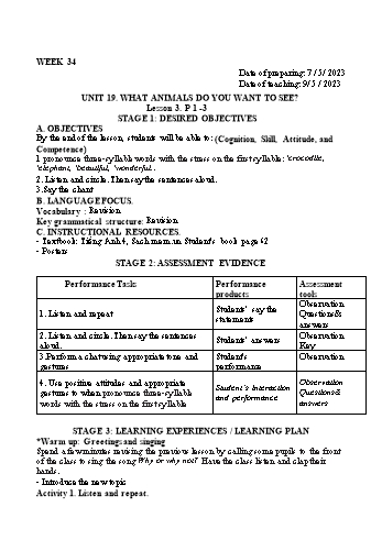 Kế hoạch bài dạy Tiếng Anh Lớp 4 - Tuần 34 - Năm học 2022-2023 - Trần Thị Hương