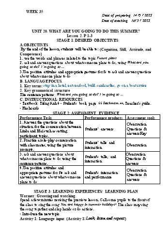 Kế hoạch bài dạy Tiếng Anh Lớp 4 - Tuần 35 - Năm học 2022-2023 - Trần Thị Hương