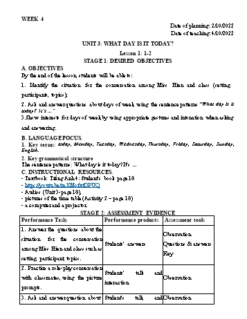 Kế hoạch bài dạy Tiếng Anh Lớp 4 - Tuần 4 - Năm học 2022-2023 - Trần Thị Hương