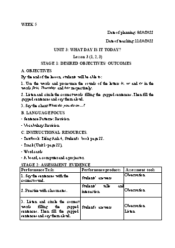 Kế hoạch bài dạy Tiếng Anh Lớp 4 - Tuần 5 - Năm học 2022-2023 - Trần Thị Hương