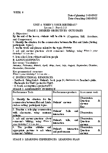 Kế hoạch bài dạy Tiếng Anh Lớp 4 - Tuần 6 - Năm học 2022-2023 - Trần Thị Hương