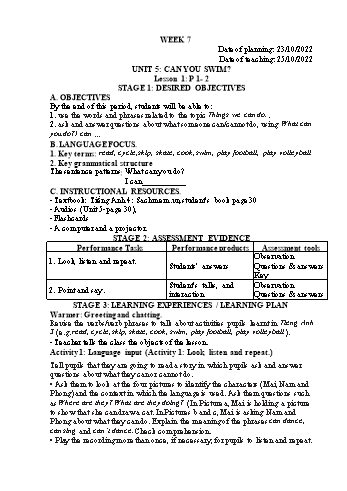 Kế hoạch bài dạy Tiếng Anh Lớp 4 - Tuần 7 - Năm học 2022-2023 - Trần Thị Hương