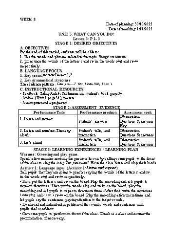 Kế hoạch bài dạy Tiếng Anh Lớp 4 - Tuần 8 - Năm học 2022-2023 - Trần Thị Hương