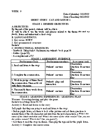 Kế hoạch bài dạy Tiếng Anh Lớp 4 - Tuần 9 - Năm học 2022-2023 - Trần Thị Hương