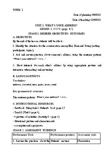 Kế hoạch bài dạy Tiếng Anh Lớp 5 - Tuần 1 - Năm học 2022-2023 - Trần Thị Hương