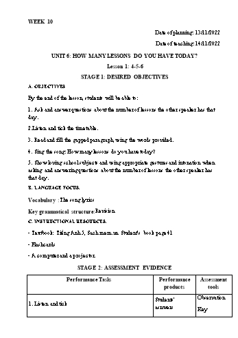 Kế hoạch bài dạy Tiếng Anh Lớp 5 - Tuần 10 - Năm học 2022-2023 - Trần Thị Hương