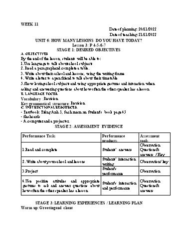 Kế hoạch bài dạy Tiếng Anh Lớp 5 - Tuần 11 - Năm học 2022-2023 - Trần Thị Hương