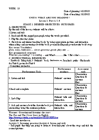 Kế hoạch bài dạy Tiếng Anh Lớp 5 - Tuần 13 - Năm học 2022-2023 - Trần Thị Hương