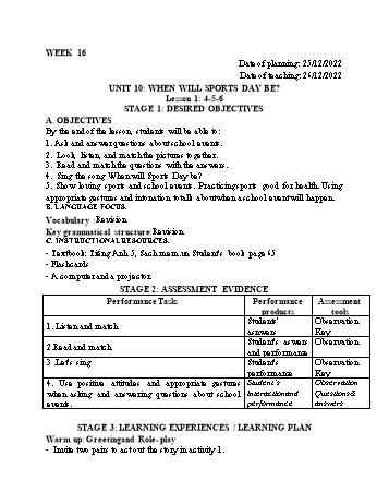 Kế hoạch bài dạy Tiếng Anh Lớp 5 - Tuần 16 - Năm học 2022-2023 - Trần Thị Hương