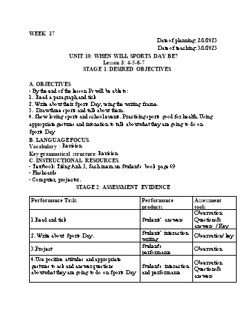 Kế hoạch bài dạy Tiếng Anh Lớp 5 - Tuần 17 - Năm học 2022-2023 - Trần Thị Hương