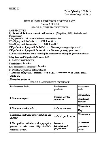 Kế hoạch bài dạy Tiếng Anh Lớp 5 - Tuần 22: Unit 12 + Unit 13 - Năm học 2022-2023