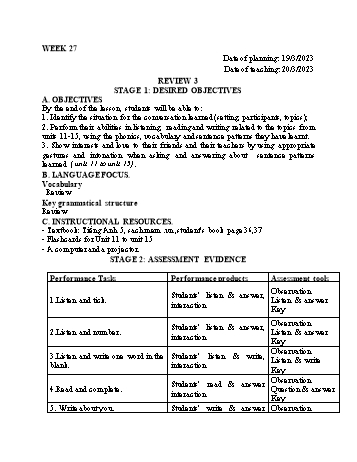 Kế hoạch bài dạy Tiếng Anh Lớp 5 - Tuần 27 - Năm học 2022-2023 - Trần Thị Hương