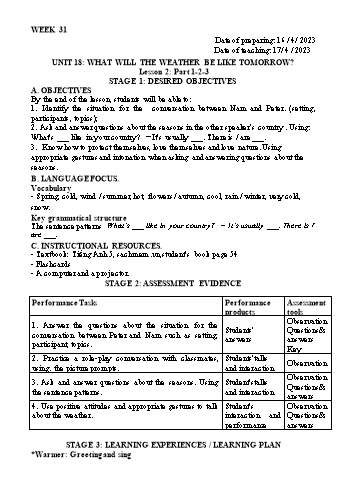 Kế hoạch bài dạy Tiếng Anh Lớp 5 - Tuần 31 - Năm học 2022-2023 - Trần Thị Hương