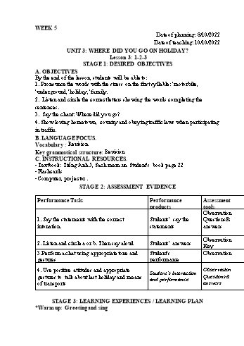 Kế hoạch bài dạy Tiếng Anh Lớp 5 - Tuần 5 - Năm học 2022-2023 - Trần Thị Hương